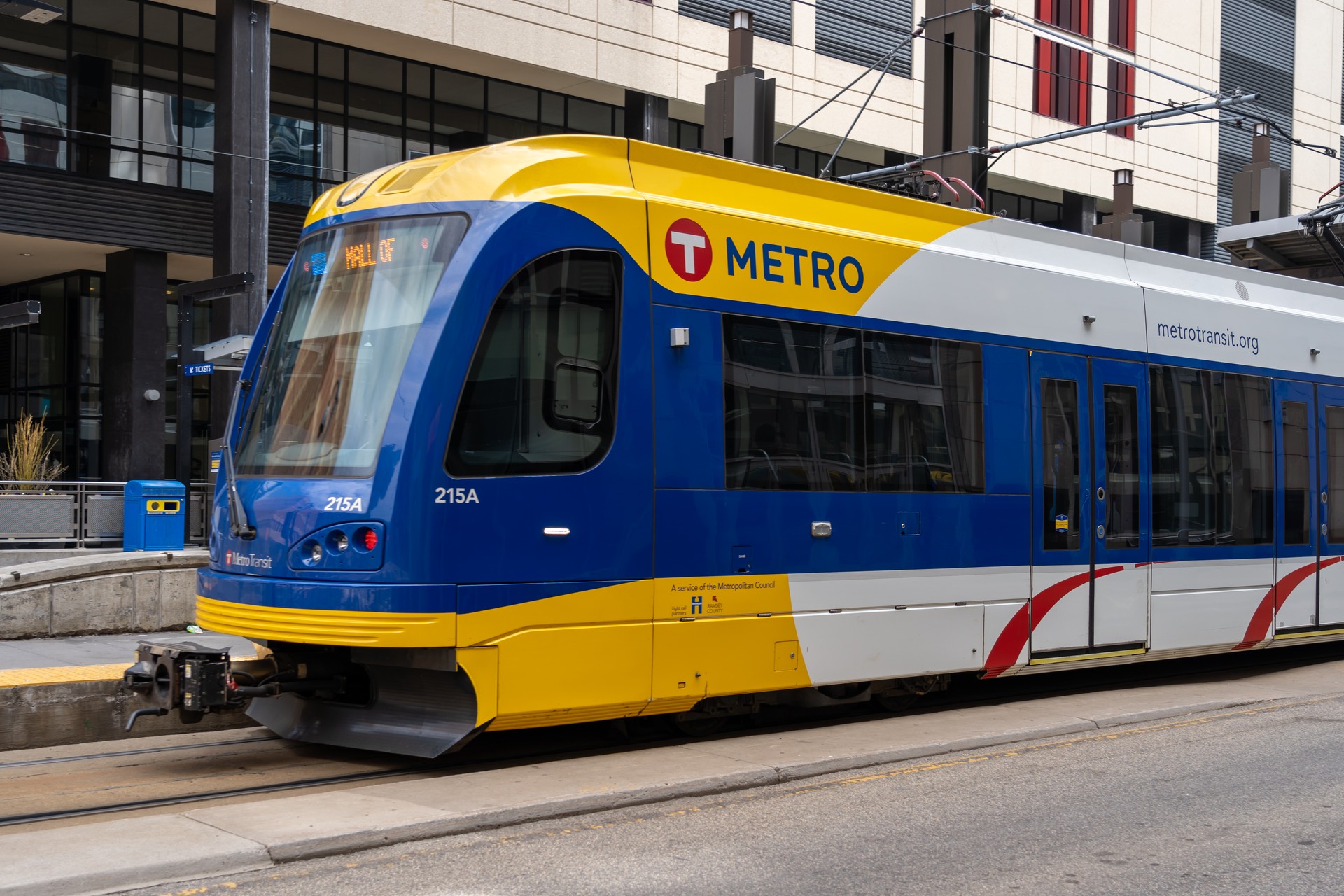 A light rail train in downtown Minneapolis, Minnesota, USA